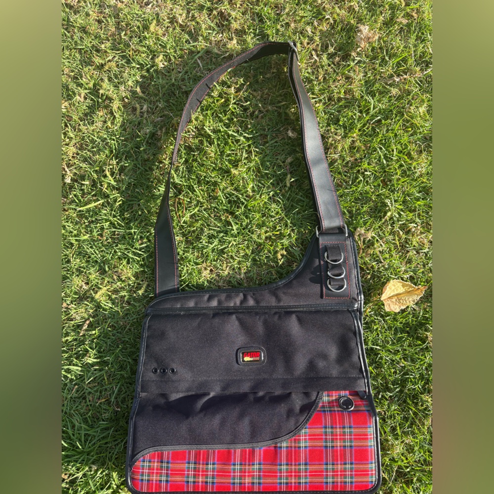 Black Messenger Bag with Red Plaid Accent - Casual Crossbody